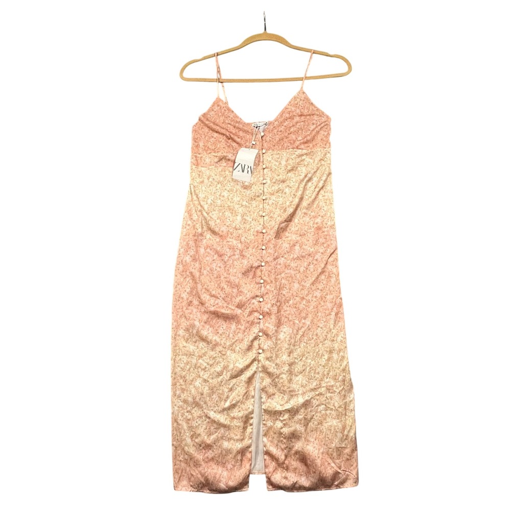 New Zara Pink Floral Satin Slip Dress Button Front Slit Adjustable Straps Size L